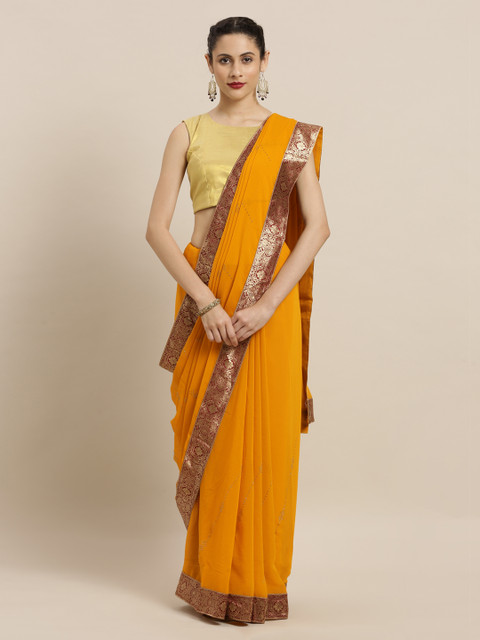 

Mitera Mustard Yellow & Maroon Poly Chiffon Embellished Saree