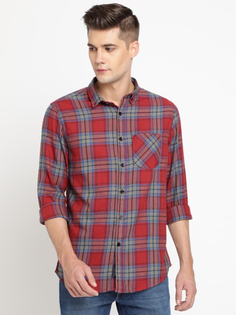 

TED HARBOR Men Red & Blue Slim Fit Checked Casual Shirt