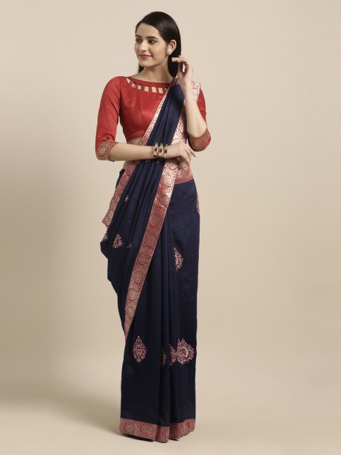 

Mitera Navy Blue & Red Poly Silk Embroidered Saree