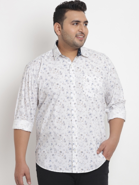 

John Pride Plus Size Men White Blue Regular Fit Floral Printed Casual Shirt