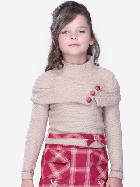 

CUTECUMBER Girls Beige & Red Self Design Sweater