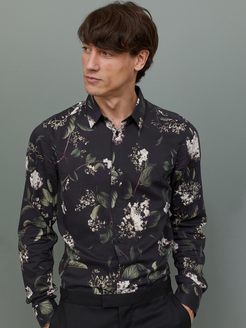 

H&M Men Black & Green Printed Shirt Slim Fit