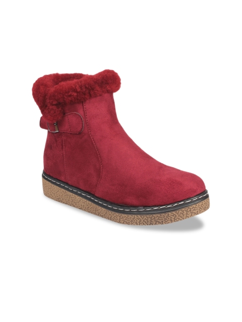 

Flat n Heels Women Maroon Solid Suede High-Top Flat Boots