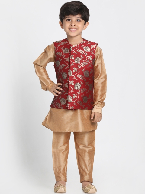 

JBN Creation Boys Red & Gold-Coloured Solid Kurta with Pyjamas & Waistcoat