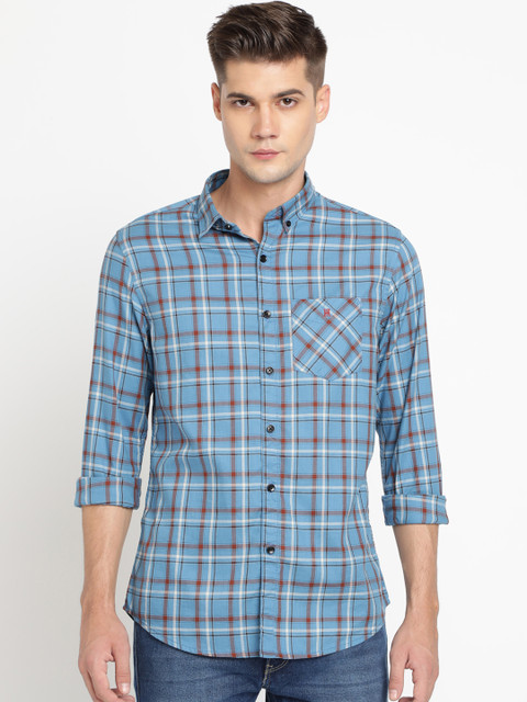 

TED HARBOR Men Blue & Brown Slim Fit Checked Casual Shirt