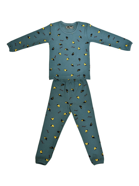 

Kiwi Kids Teal Green & Black Printed Night suit