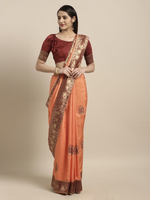 

Mitera Orange & Gold-Toned Poly Silk Embroidered Saree
