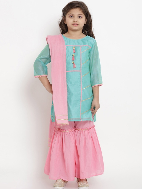 

Bitiya by Bhama Girls Sea Green & Pink Solid Kurta with Sharara & Dupatta