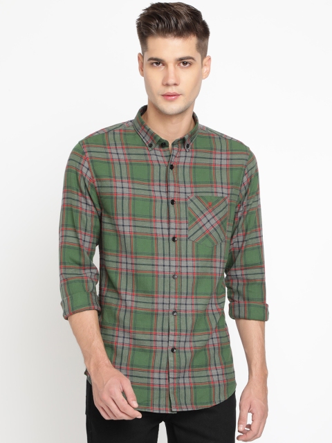 

TED HARBOR Men Green & Grey Slim Fit Checked Casual Shirt