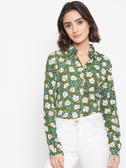 

PURYS Women Olive Green & Blue Regular Fit Printed Casual Shirt
