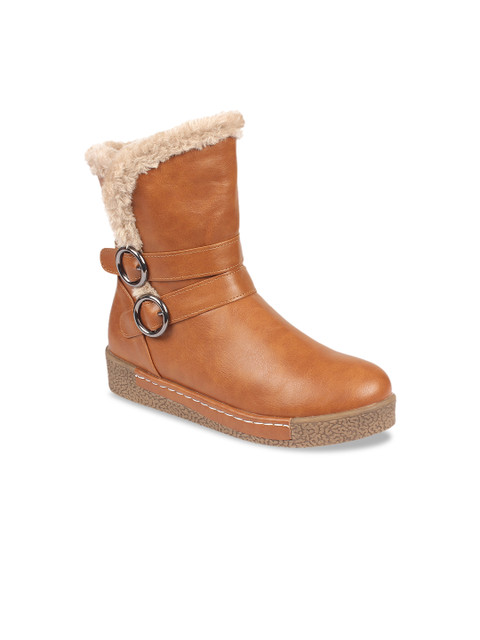 

Flat n Heels Women Tan Brown Solid Mid-Top Flat Boots