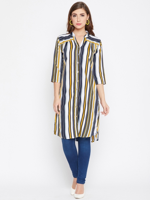 

Fizera Women Blue and Multicolor Stripe Printed Crepe Tunic, Navy blue