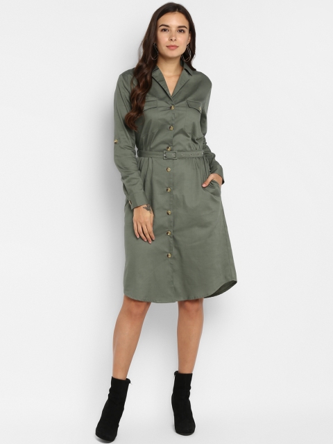 

FOSH Women Solid Olive Green Shirt Dress