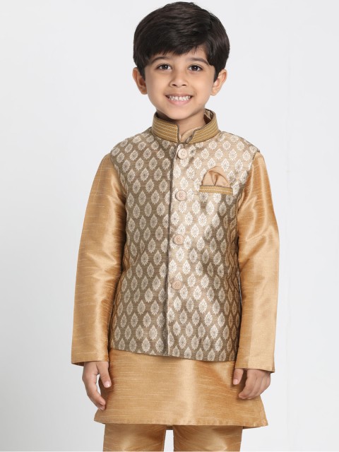 

VASTRAMAY Boys Gold-Toned & Cream Coloured Woven Design Nehru Jacket