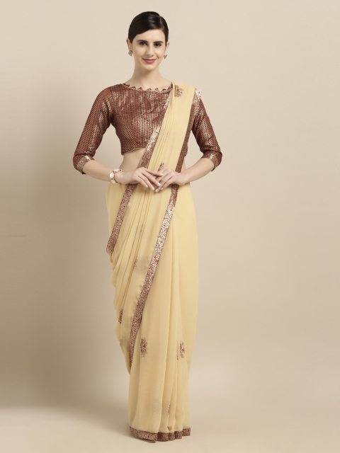 

Mitera Beige Embroidered Poly Georgette Saree