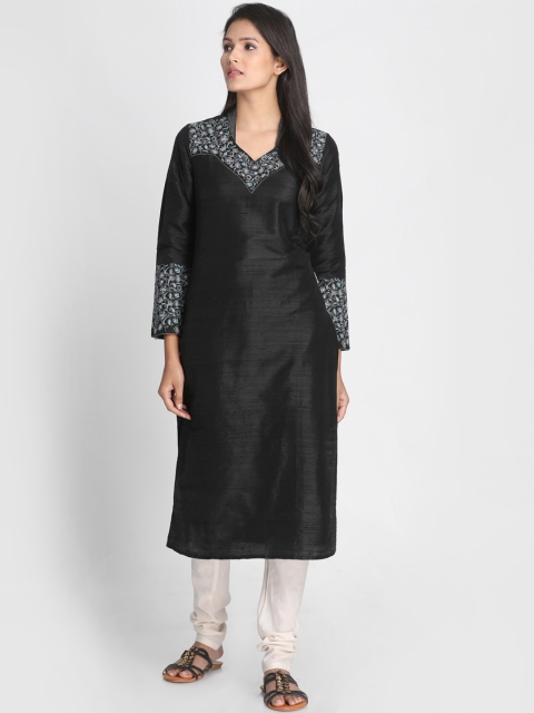 Nakshi Women Black & Grey Yoke Design Handloom Linen Straight Kurta