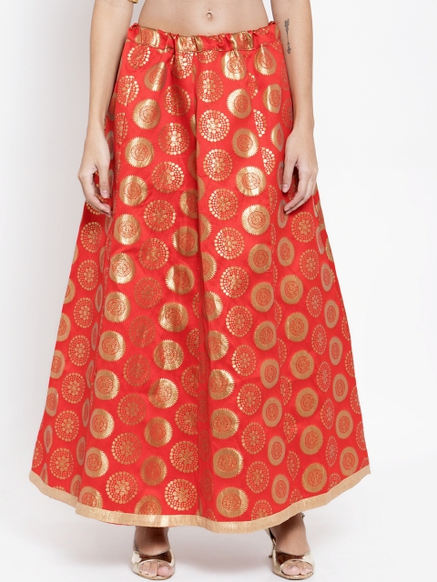 

Clora Creation Women Red & Gold Coloured Printed Banarasi Silk Flared Maxi Skirt, Orange