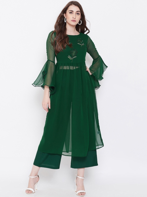 

Bitterlime Women Green Embroidered Kurti with Palazzos