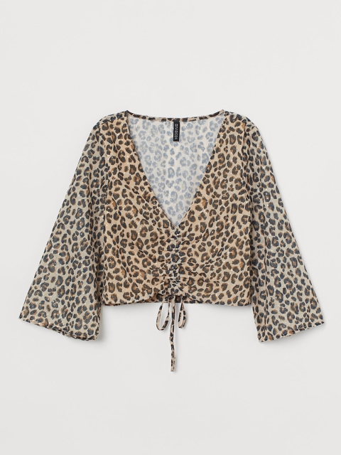 

H&M Women Beige & Black Printed Sequin-embroidered blouse