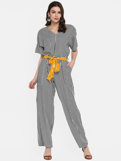 

MIAMINX Women Black & White Striped Basic Jumpsuit