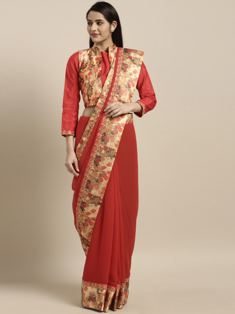

Mitera Red & Beige Poly Chiffon Solid Saree