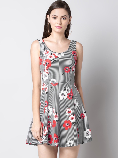 

FabAlley Women Grey & Red Floral Printed Fit and Flare Dress