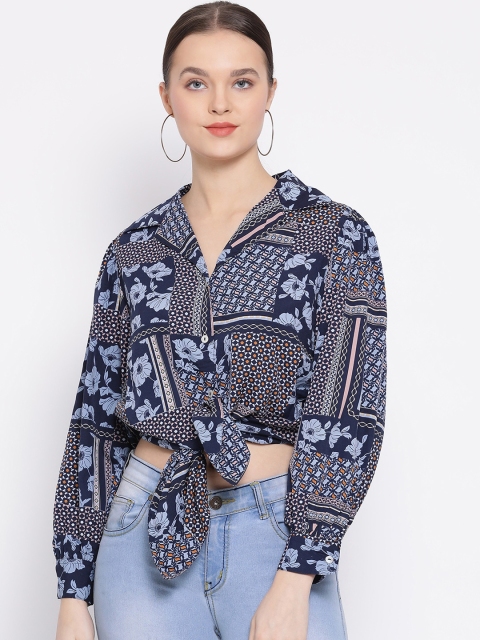 

Oxolloxo Women Navy Blue Regular Fit Printed Casual Crop Shirt
