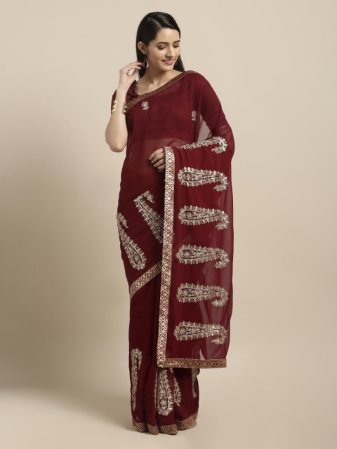 

Mitera Maroon & Gold-Toned Poly Chiffon Embroidered Saree