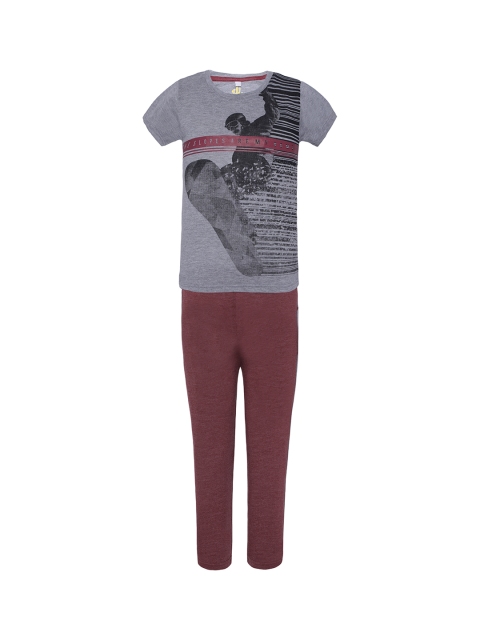 

Punkster Boys Grey Melange & Maroon Printed Night Suit