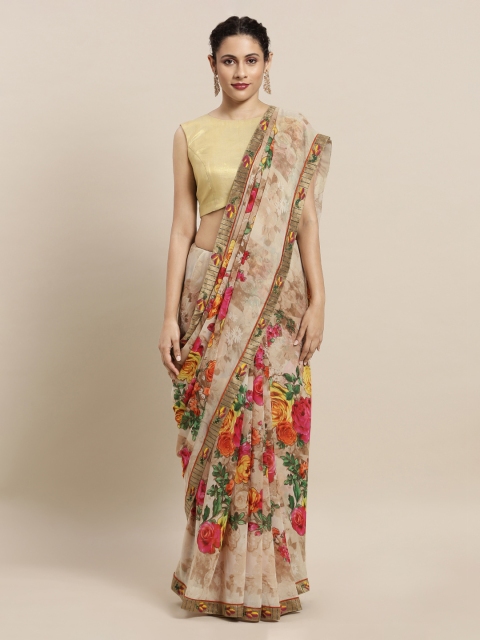 

Mitera Beige Printed Poly Georgette Saree