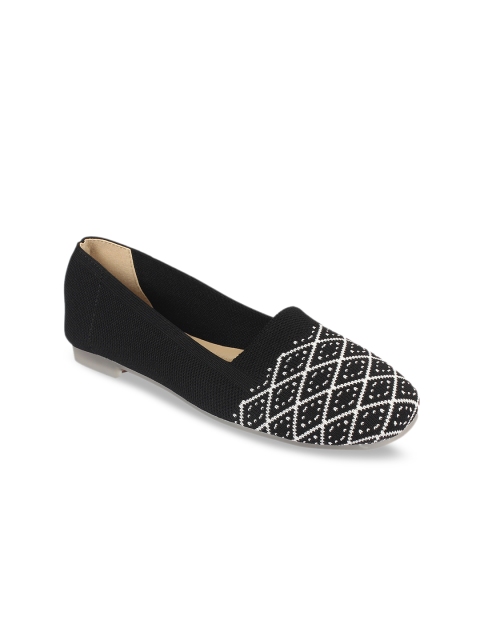 

Flat n Heels Women Black & Off-White Woven Design Mesh Ballerinas