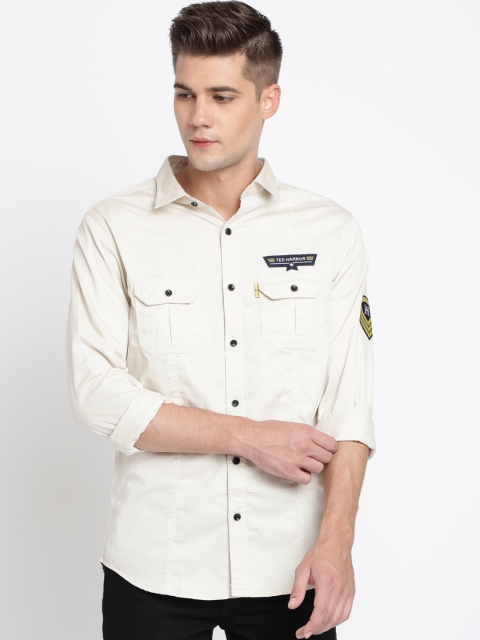 

TED HARBOR Men Cream-Coloured Slim Fit Solid Casual Shirt