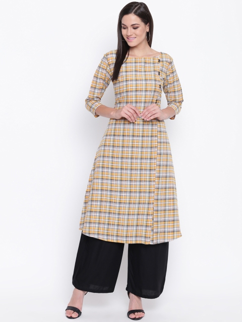 

FABNEST Women Yellow & Grey Checked A-Line Kurta