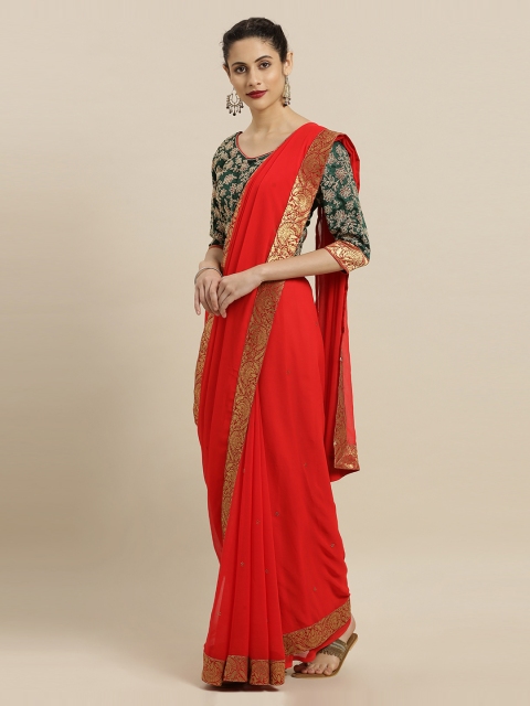 Mitera Red Embellished Poly Chiffon Saree