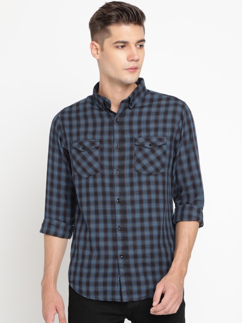 

TED HARBOR Men Blue & Black Slim Fit Checked Casual Shirt