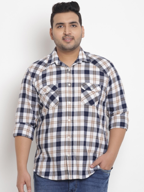 

John Pride Plus Size Men White Navy Blue Regular Fit Checked Casual Shirt