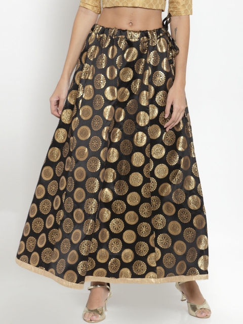

Clora Creation Women Black & Gold Coloured Printed Banarasi Silk Flared Maxi Skirt