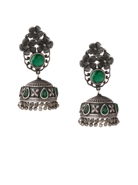 

Rubans Oxidised Silver-Toned & Green Classic Jhumkas