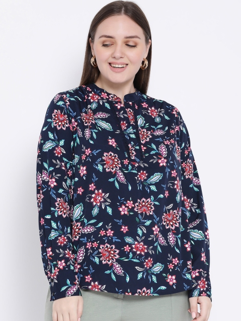 

Oxolloxo Women Navy Blue Printed Shirt Style Top