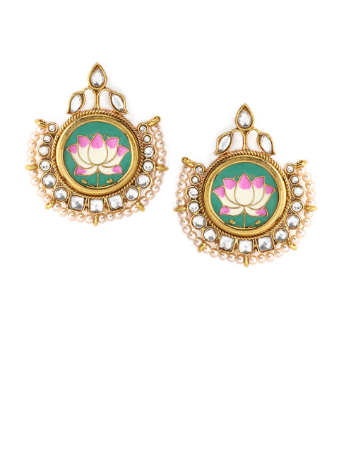 

Rubans Gold-Plated & Green Classic Enamelled Kundan Stone Chandbalis