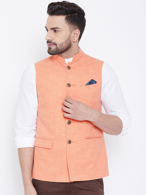 

Spirit Men Coral Orange Solid Nehru Jacket