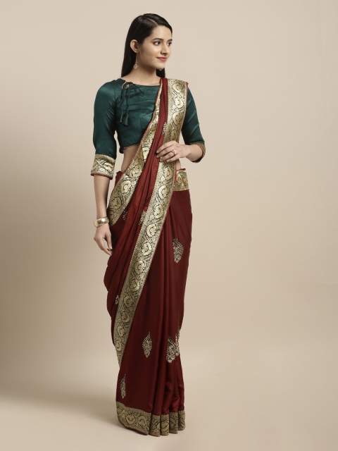 

Mitera Maroon & Gold-Toned Poly Silk Embroidered Saree