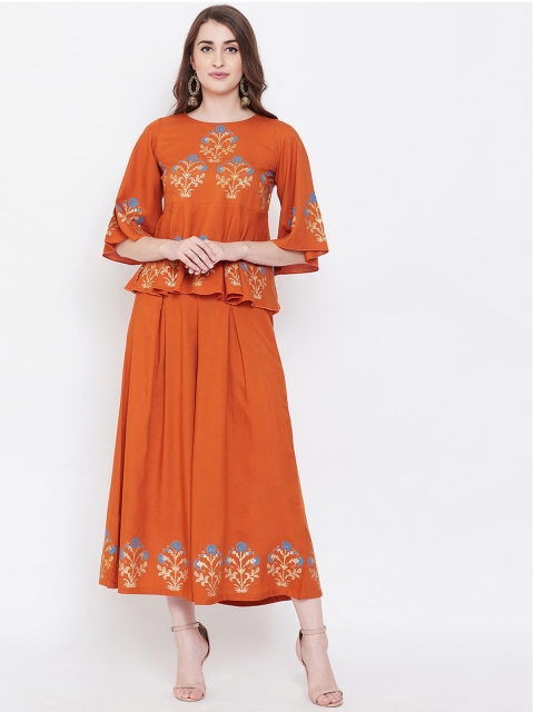 

Bitterlime Women Rust Orange Block Print Top with Palazzos