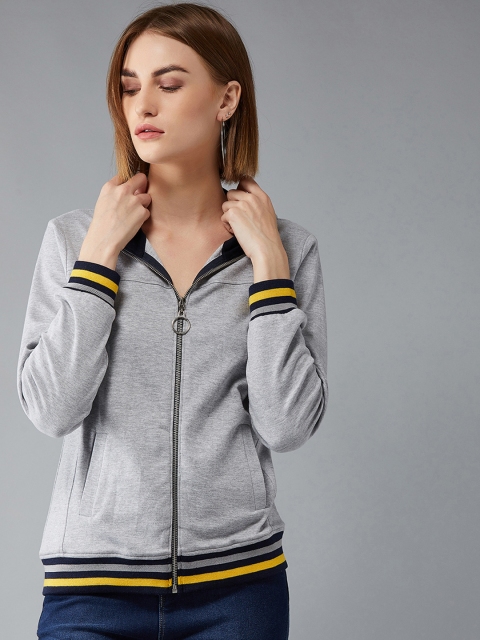 

DOLCE CRUDO Women Grey & Yellow Solid Hooded Sweatshirt