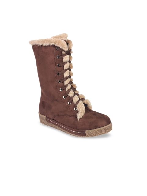 

Flat n Heels Women Brown Solid Suede High-Top Flat Boots