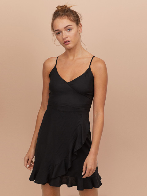 

H&M Women Black Solid Flounce-Trimmed Wrap Dress