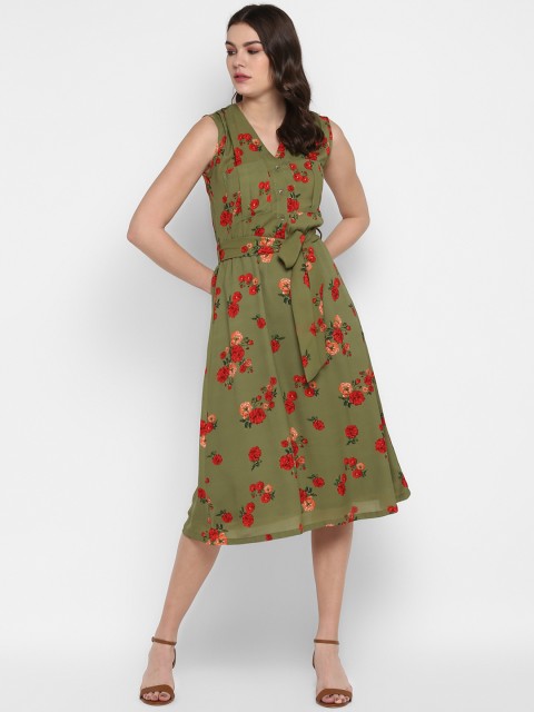

MIAMINX Women Olive Green & Red Floral Print Fit and Flare Dress