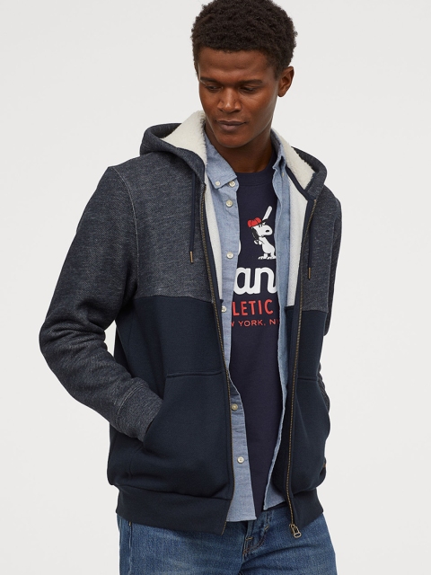 

H&M Men Navy Blue Colourblocked Jacket With A Pile-Lined Hood