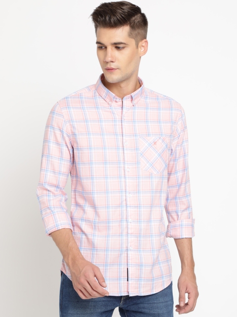 

TED HARBOR Men Pink & Blue Slim Fit Checked Casual Shirt