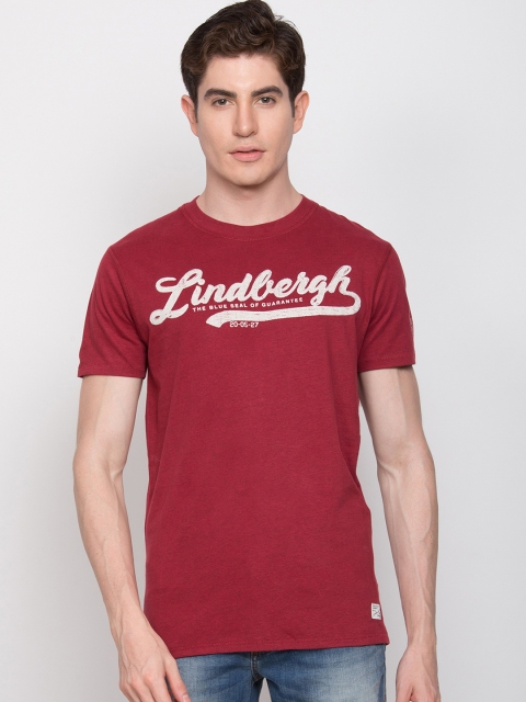 

LINDBERGH Men Maroon Slim Fit Printed Round Neck T-shirt